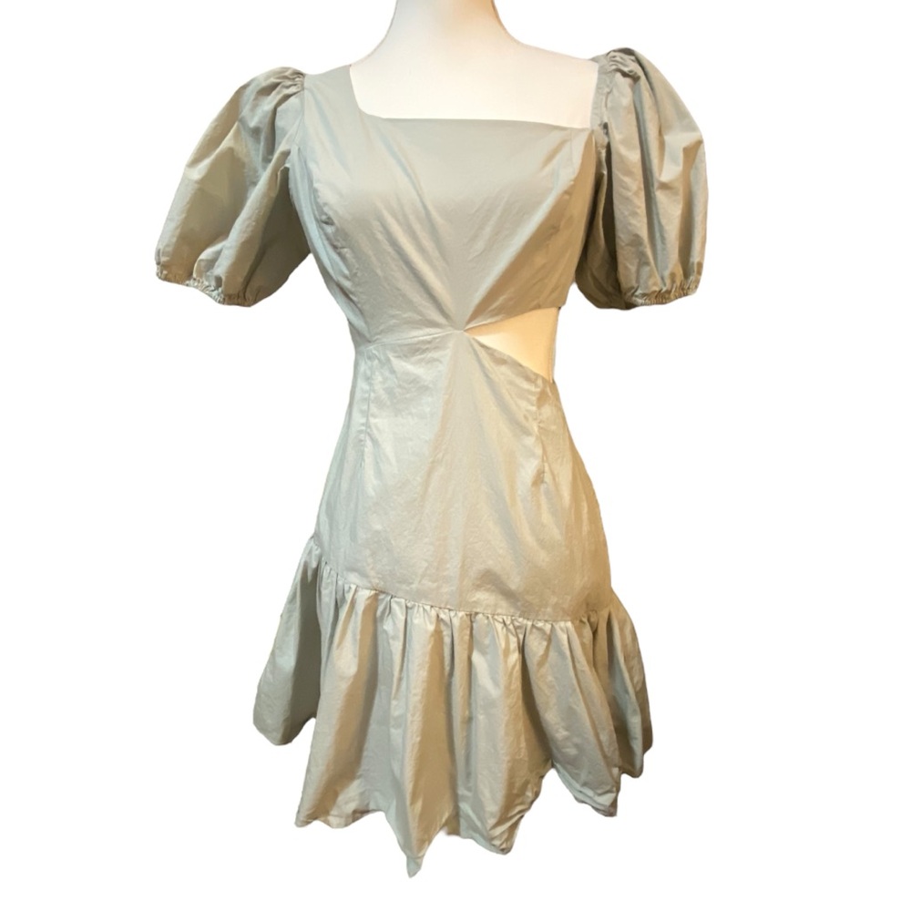 ASTR‎ Women's Small Sage Green Mini Dress Puff Sleeves Cutout Zipper Preppy